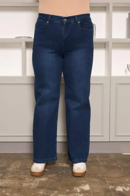 Rmg Beli Lastikli Bol Paça Büyük Beden Kim.Mavi Kot Pantolon - BÜYÜKBEDENIZ