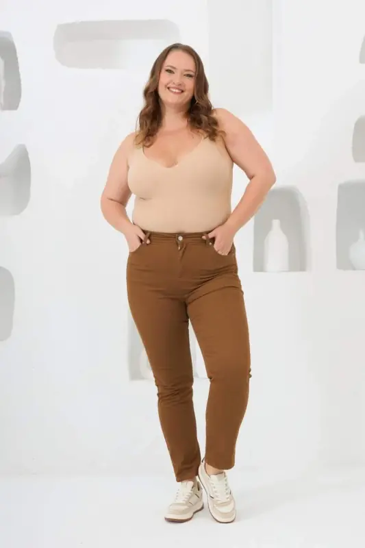 RMG Büyük Beden Camel Pamuk Pantolon - 5
