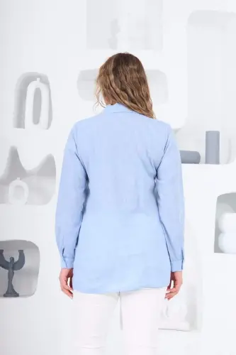 Rmg cho'ntak qopqoqli tosh detallari bilan simmetrik katta o'lchamli ko'k ko'ylak - 5