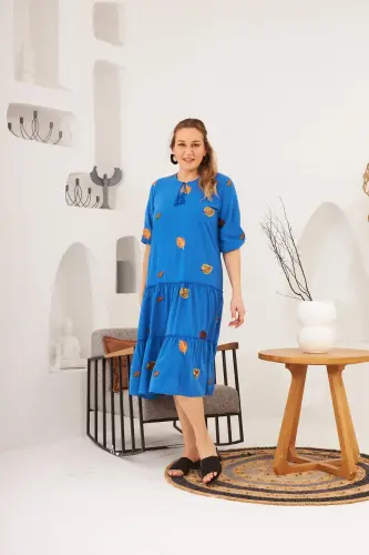 Rmg Collar and Embroidery Detailed Plus Size Dress Indigo - 1