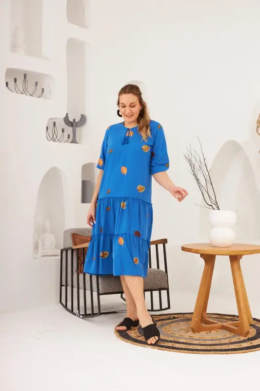 Rmg Collar and Embroidery Detailed Plus Size Dress Indigo - 2