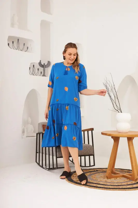 Rmg Collar and Embroidery Detailed Plus Size Dress Indigo - 3