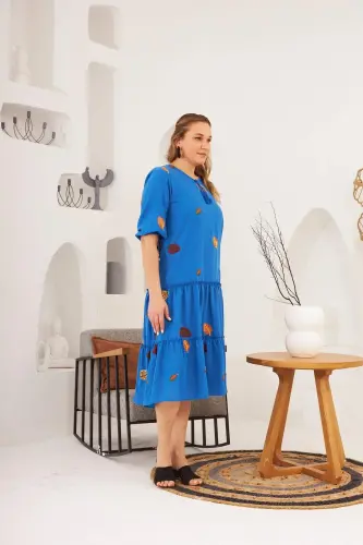 Rmg Collar and Embroidery Detailed Plus Size Dress Indigo - 4