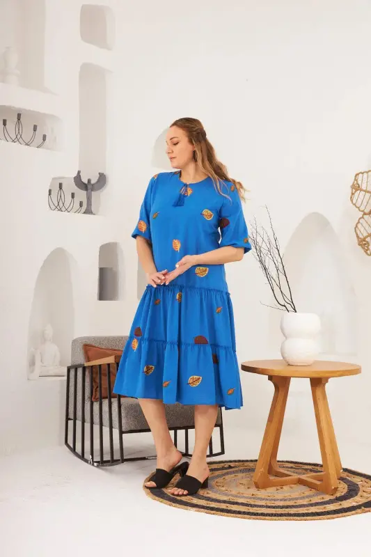 Rmg Collar and Embroidery Detailed Plus Size Dress Indigo - 5