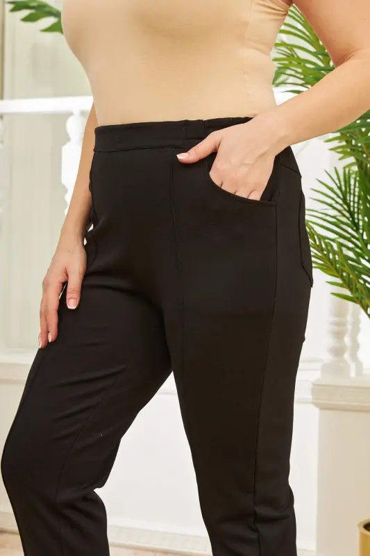 Rmg Elastic Waist Ribbed Plus Size Black Steel Knitted Trousers - 3