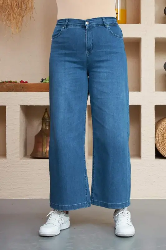 Rmg Elastic Waist Wide Leg Plus Size Kim. Blue Denim Jeans - BÜYÜKBEDENIZ
