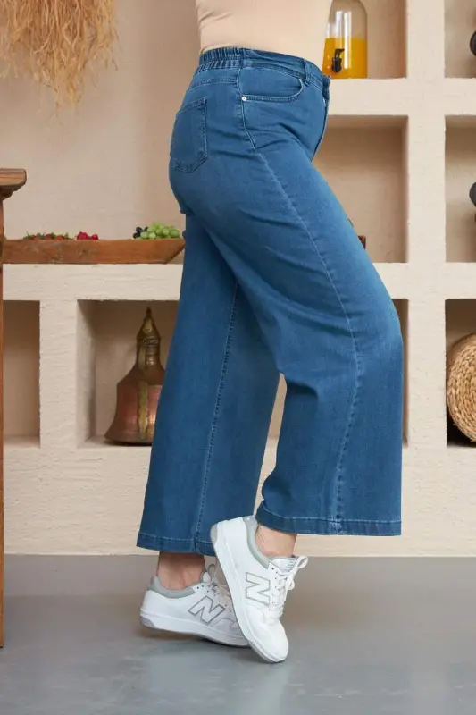 Rmg Elastic Waist Wide Leg Plus Size Kim. Blue Denim Jeans - 2