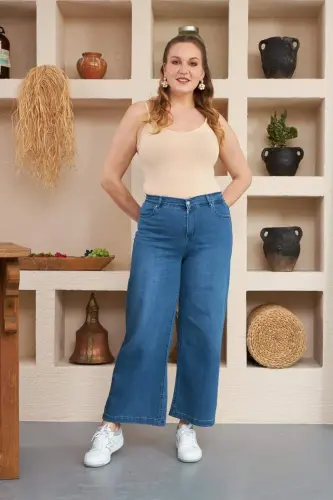 Rmg Elastic Waist Wide Leg Plus Size Kim. Blue Denim Jeans - 4