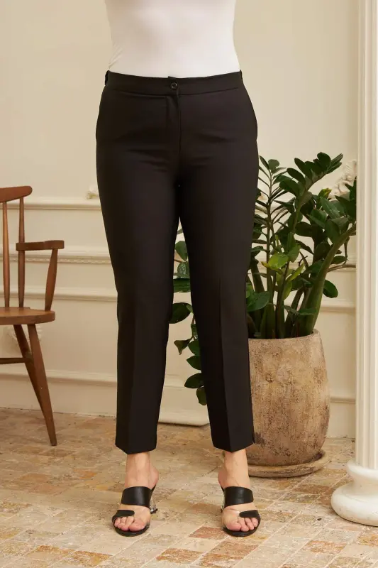 Rmg Elastic Waistband Slit Detailed Plus Size Black Fabric Pants - BÜYÜKBEDENIZ