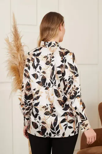 Rmg Floral Patterned Foulard Detailed Plus Size Cream Shirt - 7