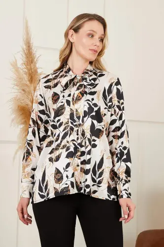 Rmg Floral Patterned Foulard Detailed Plus Size Cream Shirt - 1