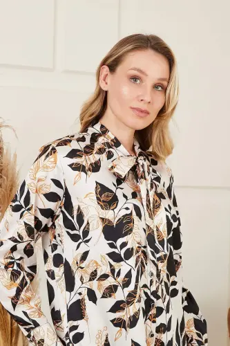 Rmg Floral Patterned Foulard Detailed Plus Size Cream Shirt - 3