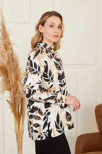 Rmg Floral Patterned Foulard Detailed Plus Size Cream Shirt - 4