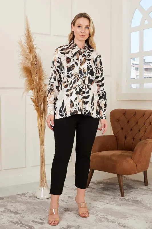 Rmg Floral Patterned Foulard Detailed Plus Size Cream Shirt - 6