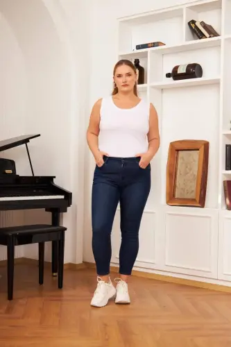 RMG Gold Button Detail Plus Size Dark Navy Blue Pants - 5