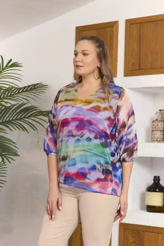 Rmg Leaf Patterned Plus Size Powder Blouse with Sleeve Tulle Detail - BÜYÜKBEDENIZ (1)