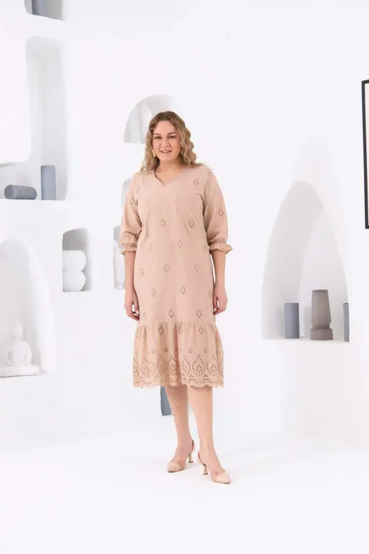 RMG Lined Broderie Plus Size Dress Cream with Elasticated Sleeves - BÜYÜKBEDENIZ
