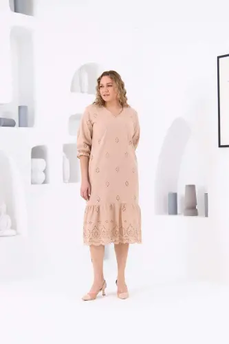 RMG Lined Broderie Plus Size Dress Cream with Elasticated Sleeves - 3