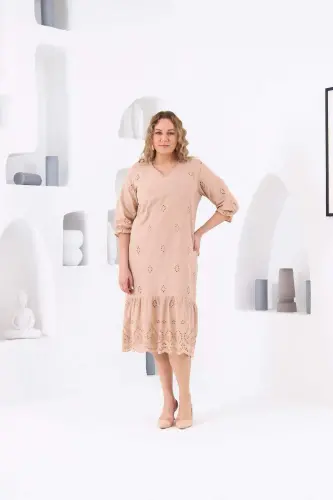 RMG Lined Broderie Plus Size Dress Cream with Elasticated Sleeves - 4