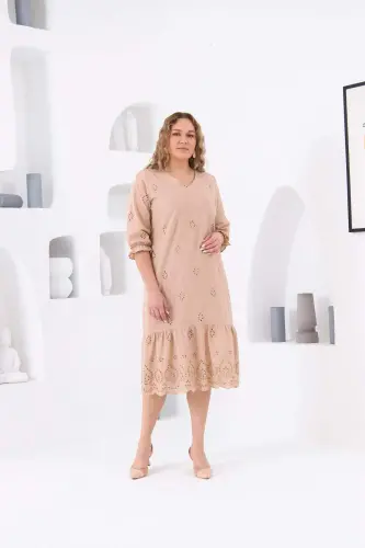 RMG Lined Broderie Plus Size Dress Cream with Elasticated Sleeves - 5