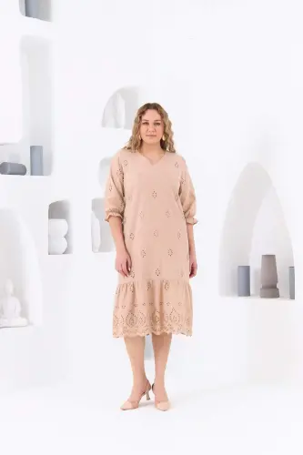 RMG Lined Broderie Plus Size Dress Cream with Elasticated Sleeves - 6