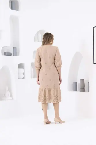 RMG Lined Broderie Plus Size Dress Cream with Elasticated Sleeves - 7