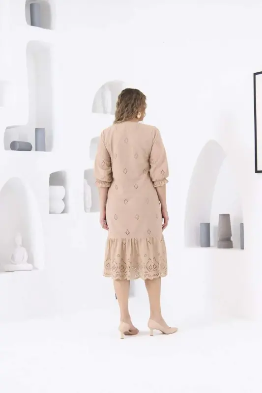 RMG Lined Broderie Plus Size Dress Cream with Elasticated Sleeves - 7