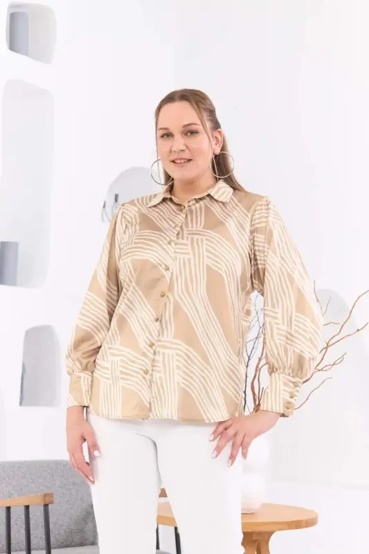 Rmg Patterned Plus Size Mink Satin Shirt - 1
