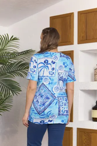 Rmg Patterned Plus Size Turquoise T-shirt - 6