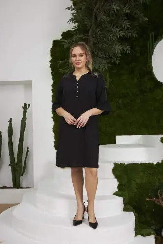 Rmg Plus Size Black Dress with Lace Shoulders and Sleeves - 1