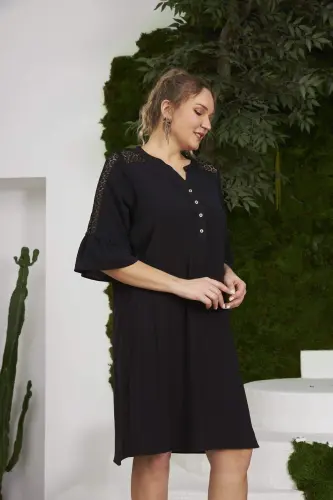 Rmg Plus Size Black Dress with Lace Shoulders and Sleeves - BÜYÜKBEDENIZ (1)