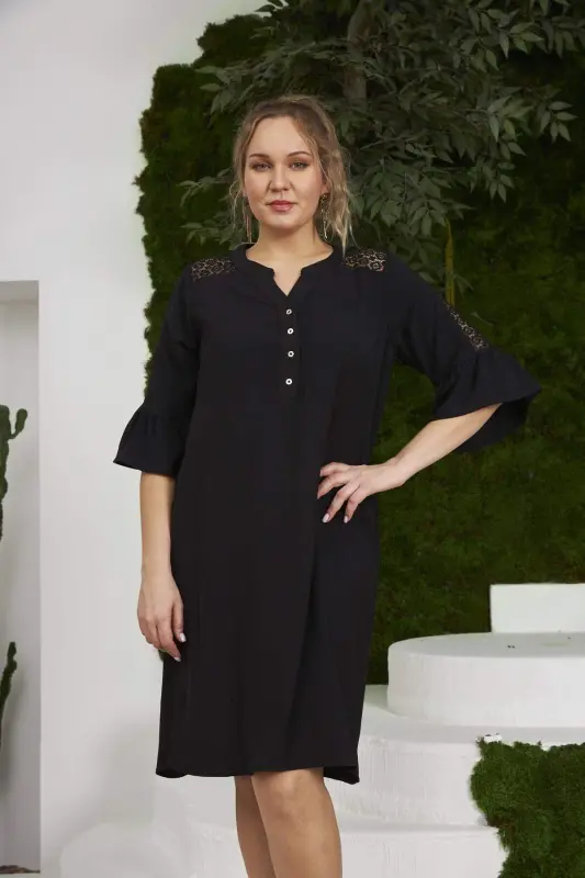 Rmg Plus Size Black Dress with Lace Shoulders and Sleeves - 3