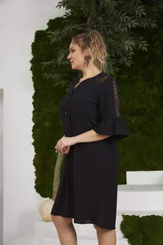 Rmg Plus Size Black Dress with Lace Shoulders and Sleeves - 4