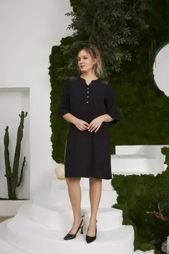 Rmg Plus Size Black Dress with Lace Shoulders and Sleeves - 5