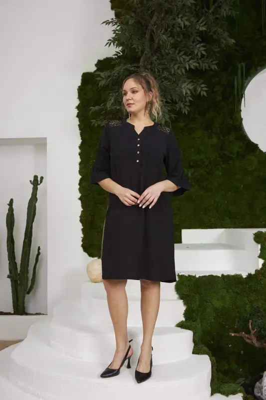 Rmg Plus Size Black Dress with Lace Shoulders and Sleeves - 5