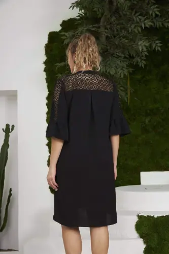 Rmg Plus Size Black Dress with Lace Shoulders and Sleeves - 6