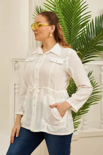 RMG Plus Size Ecru Linen Jacket with Belt Detail - 3
