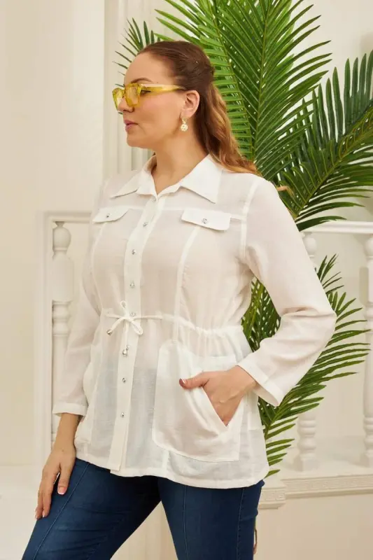RMG Plus Size Ecru Linen Jacket with Belt Detail - 3