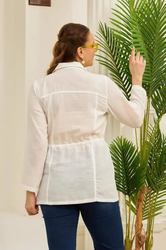 RMG Plus Size Ecru Linen Jacket with Belt Detail - 5