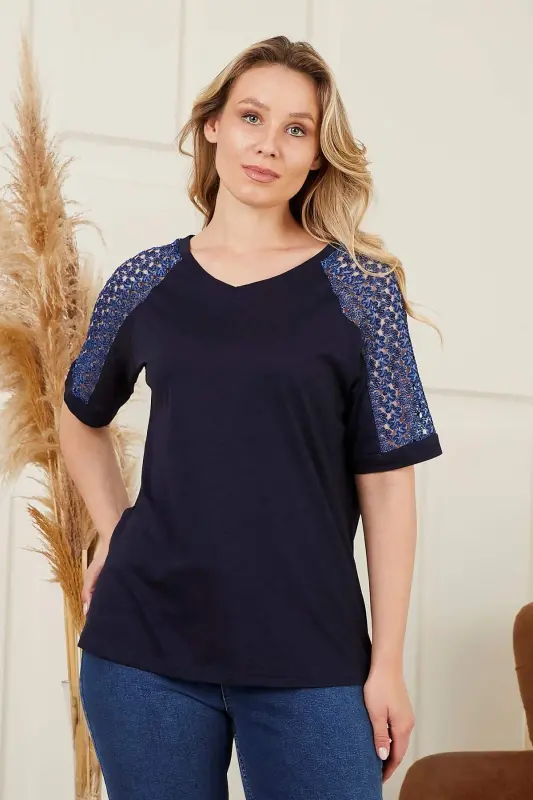 Rmg Plus Size Navy Blue T-Shirt with Shoulder Lace Detail - 1