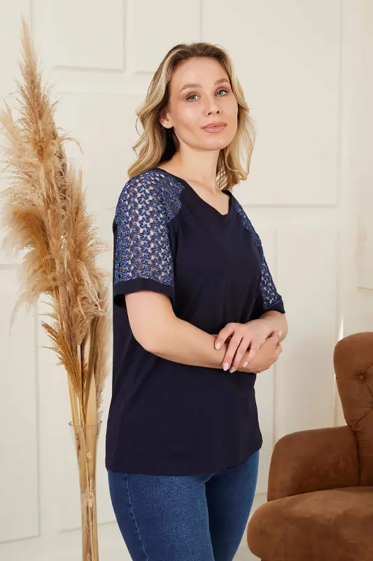 Rmg Plus Size Navy Blue T-Shirt with Shoulder Lace Detail - 2