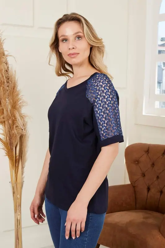 Rmg Plus Size Navy Blue T-Shirt with Shoulder Lace Detail - 3