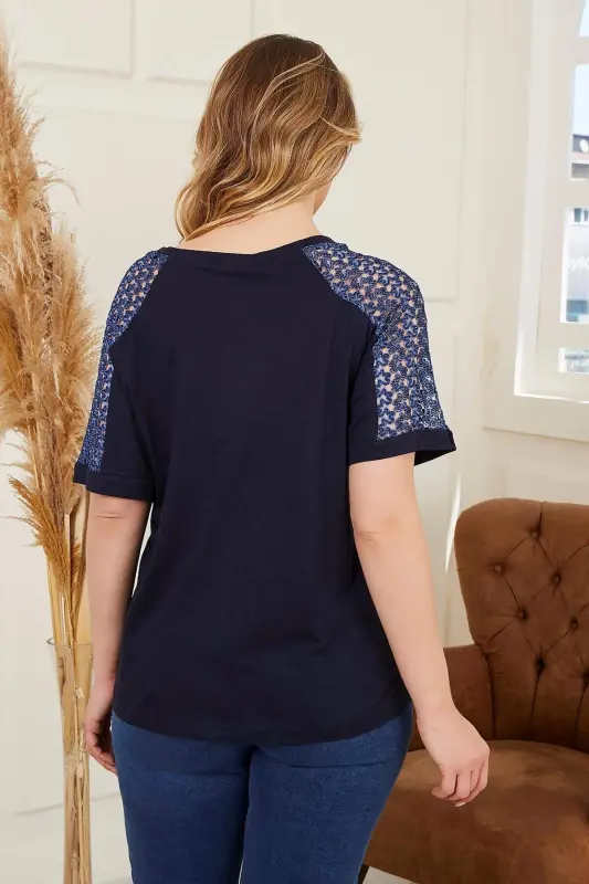 Rmg Plus Size Navy Blue T-Shirt with Shoulder Lace Detail - 4