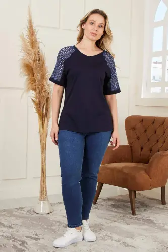 Rmg Plus Size Navy Blue T-Shirt with Shoulder Lace Detail - 5