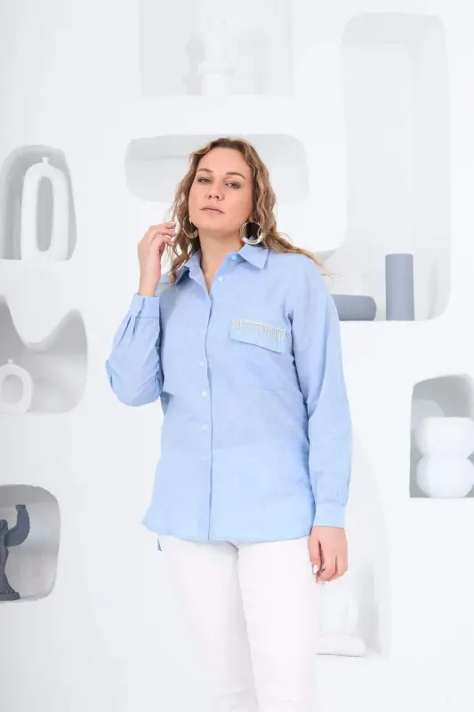 Rmg Pocket Cover Stone Detailed Symmetric Plus Size Blue Shirt - BÜYÜKBEDENIZ