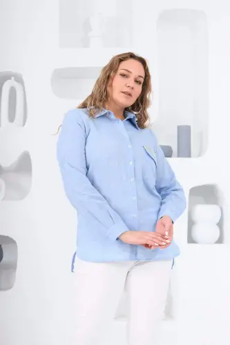 Rmg Pocket Cover Stone Detailed Symmetric Plus Size Blue Shirt - BÜYÜKBEDENIZ (1)