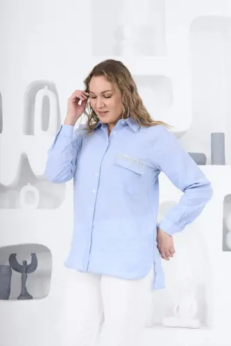 Rmg Pocket Cover Stone Detailed Symmetric Plus Size Blue Shirt - 3