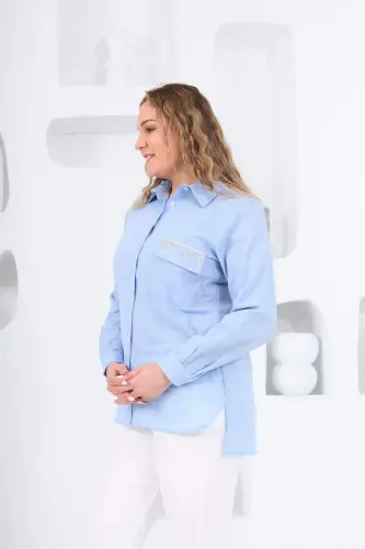 Rmg Pocket Cover Stone Detailed Symmetric Plus Size Blue Shirt - 4