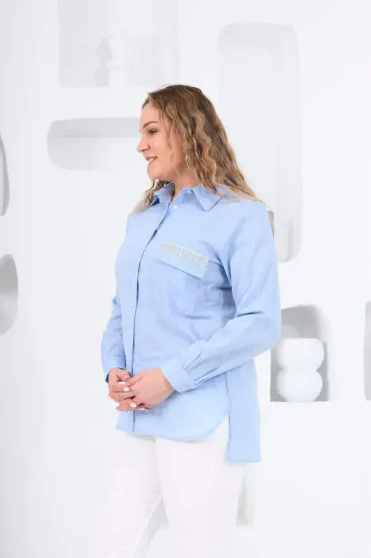 Rmg Pocket Cover Stone Detailed Symmetric Plus Size Blue Shirt - 4