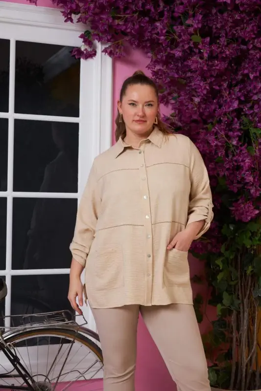 Rmg Sleeve And Crochet Detailed Plus Size Mink Shirt - 1